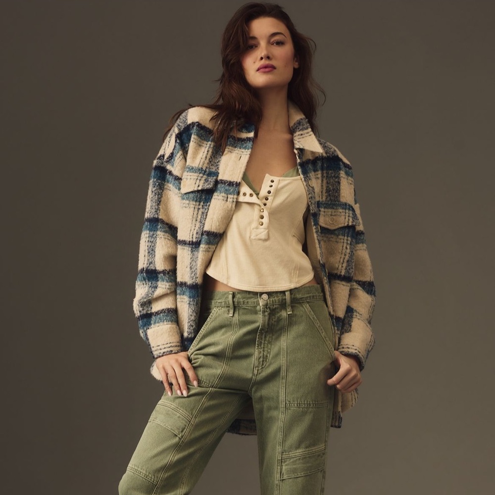 NWT: Anthropologie, Good American Cream and Indigo Plaid Jacket - sold out - Picture 8 of 12